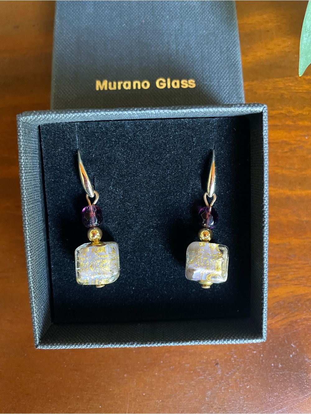 Murano Gold-Flecked Cube Earrings with Purple Accent Beads
